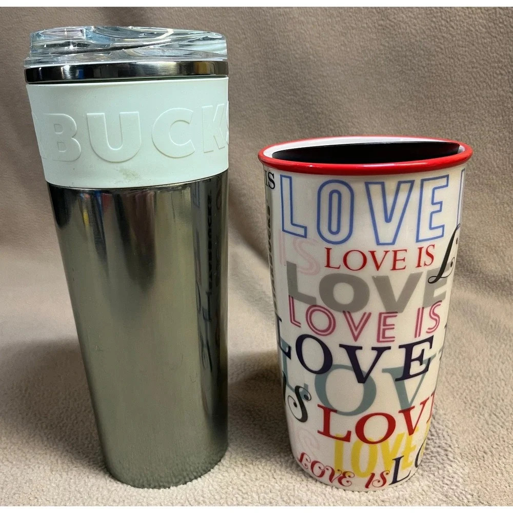 Starbucks Love Is Love Pride‎ Ceramic Travel Tumbler Mug 12oz Red Rim 2018